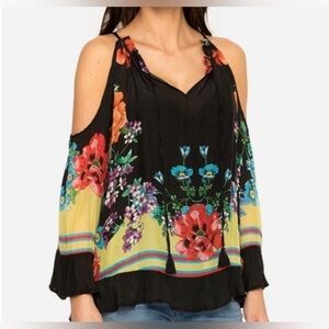 NWOT Johnny Was Floral Garden Black Cold Shoulder Sheer XS Boho Blouse Top